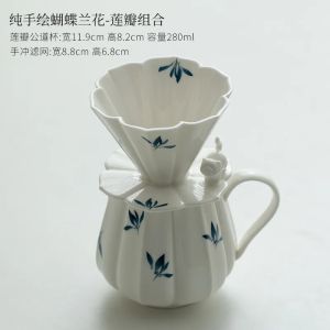 Hand-painted Butterfly Orchid Coffee Cone Shape Drip Hand Brewing Coffee Filter Funnel Cup Coffee Dripper Pour Over Barista Mugs for Coffee
