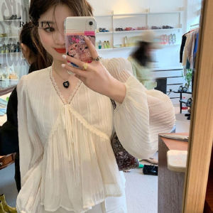 RUMIA Women Elegant Lace Trim Blouse V Neck Tie Front Puff Sleeve Loose Shirt Vintage Feminine Fashion Top Muslimah Women Modest Wear Lace Blouse Long Sleeve Loose Fit Tops legant Daily Casual Outfit