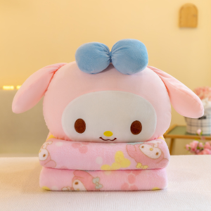 (Malay spot) Cute cartoon 4 in1(pillow+blanket+Hand Warmer+Backpack) labubu 2 in1 Kuromi Melody capybara Plush Toy pillow quilt sofa nap blanket cushion air conditioning blanket gift birthday present childrens doll stuffed Cotton Soft