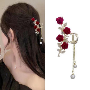 Tassel Velvet Lotus Leaves Roses Sweet Temperament Rhinestone Pearl Clamp Women Retro Elegance