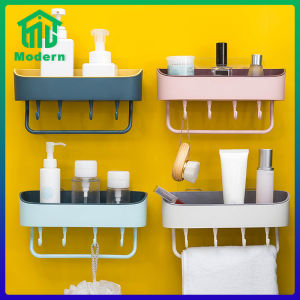 Modern ชั้นวางของในห้องน้ํา พร้อมตะขอแขวน 4 ตัว และ ราวแขวนของ ติดในตัวชั้นวางของ ติดตั้งโดยไม่ต้องเจาะผนัง