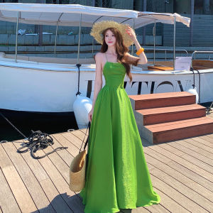 2026 Summer Women Green Backless Tie‑Up Slip Dress Waist‑Tightening Vacation Maxi Dress