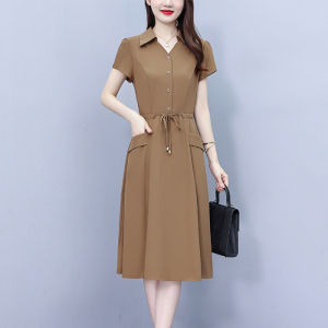 🌟CORE🌟dresses women new style 2025 New Short Sleeved A-line Shirt Dress for Women Casual Slim Fit Mid Length Dress Plus Size
