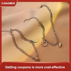 【CANAMEK 】 2PCS Stainless Steel Non-fading Hip-hop Hand Chain Love Magnet Sun Moon Bracelet For Couple Girlfriend Simple Hand Jewelry