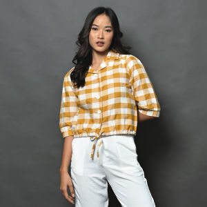 QUEENTIN Kemeja Casual Wanita 0186 Katun Semi Flanel Motif Kotak Gingham Lengan Pendek 3/4