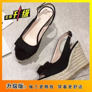 [Free Shipping] Waterproof Platform Fish-Mouth High-Heeled Sandals For Women Featuring A Sweet And Charming Design With Braided Rope A Bow And A Thick Platformed Wedge Heel
