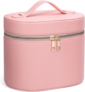 Makeup Bag Vanity Case for Women Leather Cosmetic Bag Makeup Organizer Case Portable Travel Toiletry Bag With Removable Compartments and Handle - Brown