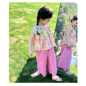 สาวชุดฤดูร้อนเด็กใหม่เด็กฤดูร้อนหวานดอกไม้กว้างขากางเกงสองชิ้น