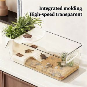 OUTOPEN Dry Wet Separation Turtle Tank Transparent Basking Area Crab Tank Habitat Box Plastic Reptile Terrarium Feeding Habitat
