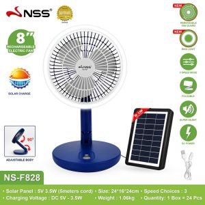 NSS Solar Electric Fan Portable Fan Solar Panel Charging Fan with LED Light Table Desk 8 inch Fan NS-F829