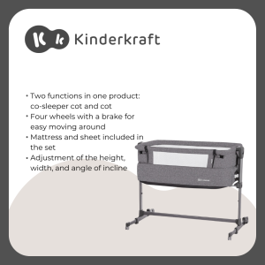 KinderKraft NESTE UP 2 Bedside Crib Travel Cot Co-Sleeping Bed Adjustable Height Foldable Side Wall Transport Wheels with Accessories Cotton Sheet for Newborn 0-9 kg up to 6 Month-DarkGray