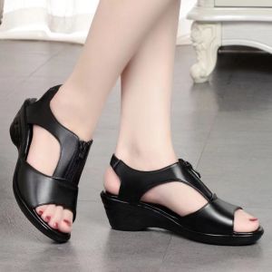 Block Heel Thick Bottom 2 Inches-high Soft Sole Zipper Black Wedge Sandals For Women