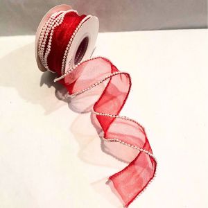 Pita Organdi 4CM Panjang 4.5 Meter / Pita Korea Pearl Chiffon Organza Pearl Pinggir Mutiara PT12