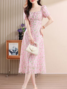 Impression Fashion Store Women Summer Chiffon Square Neck Short Sleeve High Waist Floral A-line Midi Dress