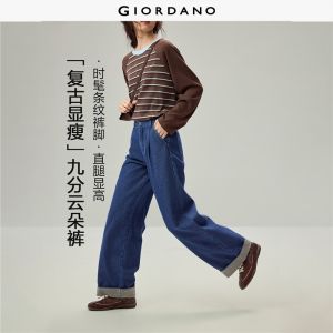 Giordano Beau Monde Women Striped cuffed hem half elastic waist jeans Free Shipping 13426702