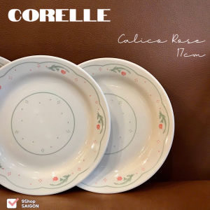 [Hiếm] Corelle USA Log0 1970s - Calico Rose - 01 Chiếc Đĩa Cạn Hồng Tam Thể 17cm