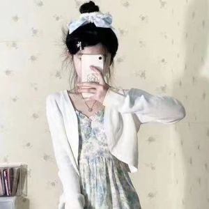 Women Dress Blue Dresses Oil Painting Suspender Dress Female Senior Sense Waist Floral Long Skirt Cardigan Two-piece Suit Camisole Dress