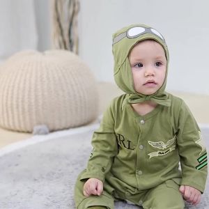 Bé Cậu Bé Trẻ Sơ Sinh Màu Xanh Lá Cây Đầy Đủ Tay Áo Phi Công Phi Công Romper Hat 2Pcs Thiết Lập Playsuit Trang Phục Jumpsuit Rompers Bông Trang Phục