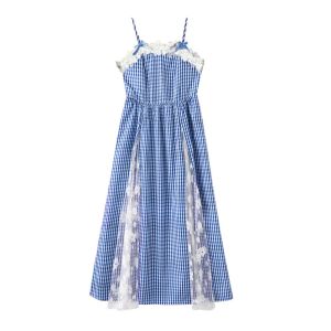 AINACHU Plaid Girl Princess Dress Lace Mesh Loose Teens Sling Dress Fashion Sweet Children Sleeveless Dresses Summer