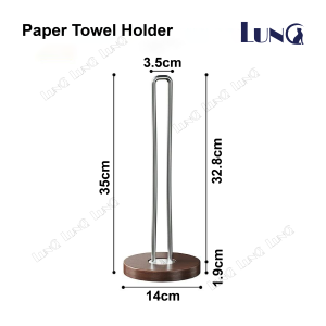 304 Stainless Steel Kitchen Roll Stand Freestanding Countertop Paper Tissue Towel Holder with Wooden Base