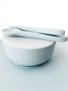 Babys First Bites Starter Dining Set - Silicone Bowl with Suction Base Lid Matching Cutlery and Placemat