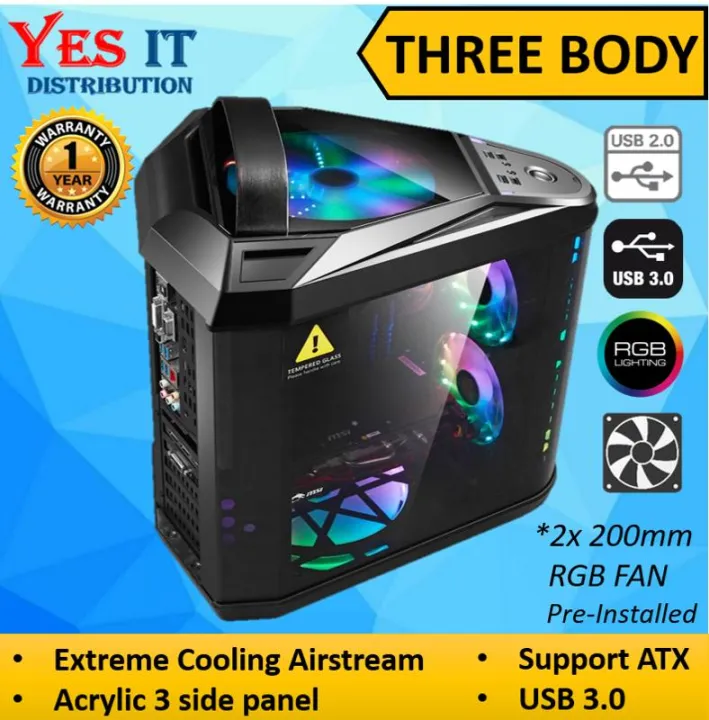 THREE BODY CHASIS Full ATX Gaming PC Desktop Casing (Acrylic Side Panel) with PRE-INSTALLED 2 200mm RGB FAN & LED Strips
