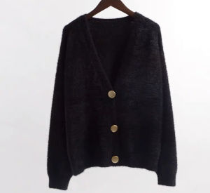 Black Fur Cardigans For Women V-Neck Long Sleeve Button Through Winter Sweaters Mink Coat Office Blazer  Women’s Jacket