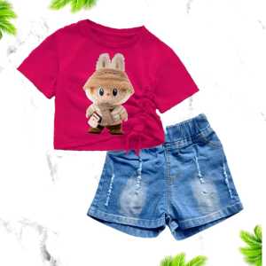 SETELAN CELANA JEANS PENDEK ANAK KAOS SERUT  LABUBU