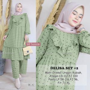 SETELAN TUNIK WANITA DEWASA MOTIF POLKADOT LENGAN PANJANG KULOT PANJANG SELETING DEPAN BUSUI DELISA TERLARIS TERBARU KEKINIAN BAHAN IMPORT MATT Air FLOW CERINGKEL URAGIR