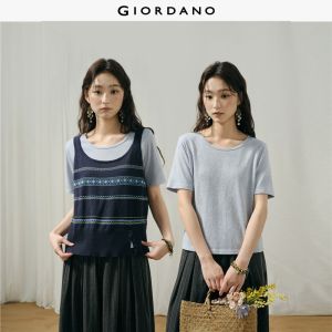 GIORDANO Women T-Shirts Two-Piece Set Jacquard Knit Cami Short Sleeve Fashionable Casual Loose T-Shirts 18356218