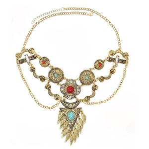 BEAUTYLADIES รูปทรงเรขาคณิต สร้อยคอสไตล์ชนเผ่า หินหลากสี วินเทจ สร้อยคอพู่โบฮีเมียน เรโทร เครื่องประดับคอคอ โซ่สเวตเตอร์ เทศกาลในงานเทศกาล