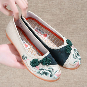 Free Shipping Yanqiu New Style WomenS Flat Shoes Embroidered Shoes With A Tendon Sole Soft-Soled Slip-On Shoes For Middle-Aged Women