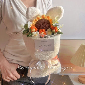 Allieuka Knitted Artificial Rose Bouquet Handmade Plush Rabbit Ear Flower Bundle Valentines Day Gift