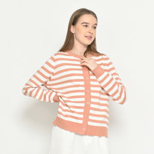 QUEENTIN Cardigan Rajut Casual Wanita 245 Knit Strecth Stripe Lengan Panjang
