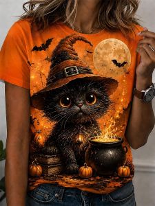 [Local Stock] ZEEMIN Halloween Women Witch Cat T-Shirt Cute Black Cat Pumpkin Graphic Tops Tee Summer Short Sleeve Crewneck Party Women Clothing