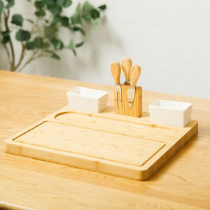 PICNIC AT LARGE BAMBOO CHEESE BOARD CHARCUTERIE PLATTER WITH 4 STAINLESS STEEL CHEESE TOOLS & 2 CERAMIC BOWLS SERVING BOARD AND TRAY HOLDS CHEESE MEAT AND OTHER FOODS (39 BY 34 CM)