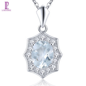 Lohaspie Jewelry Genuine 1.6 Carats Solid Sterling Silver 925 Pendant Natural Aquamarine Pendant Light Blue Gemstone Necklace For Women Silver Original 925 Birthstone Jewelry