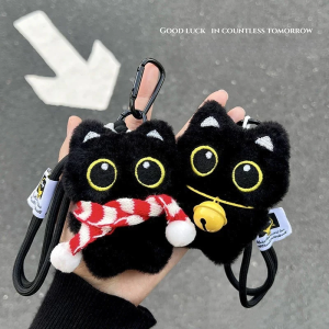 Cute Squeak Scarf Black Cat Plush Toy Doll Small Pendant Black Cat Plush Toy Doll for Boy Girl Birthday Gift