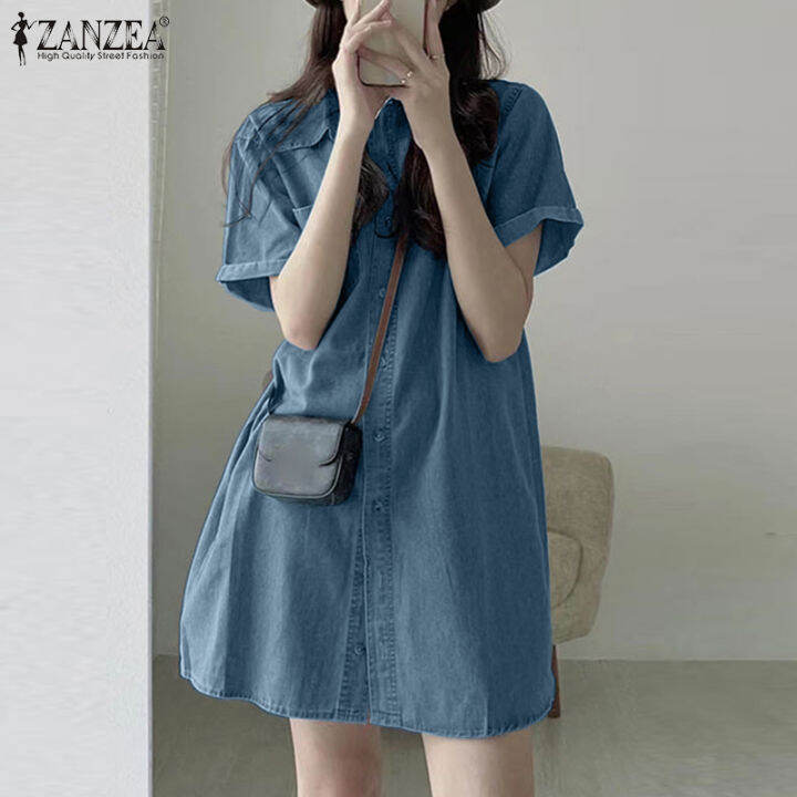 Zanzea Korean Style Womens Casual Loose Denim Shirtdress Ol Work Button Down Solid Dresses 10