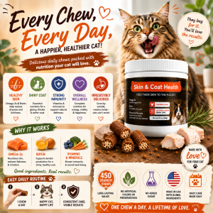 Cat Skin & Coat Health Chews | Omega-3 Biotin & Vitamins for Healthy Skin Shiny Coat & Reduced Shedding | Chicken Flavour Soft Chews | Premium Cat Supplement | Ready Stock Singapore