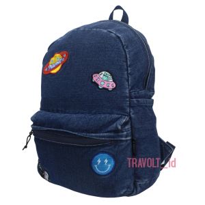 Backpack Jeans - Travolt - Space Patch BORDIR  - Tas Ransel Laptop - gemblok - Biru Dongker - Navy Blue