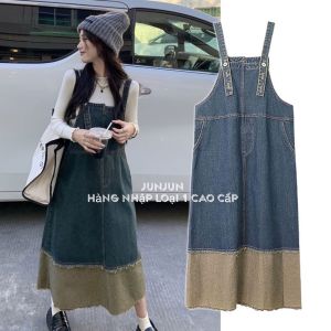 [Hàng chuẩn loại 1 - Sẵn đủ size] Đầm yếm jeans dài suông phối màu túi hông vintage Hàn Quốc yếm bò dáng dài siêu phẩm