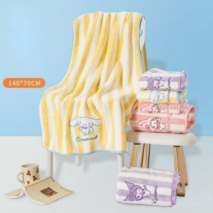Kawaii Kuromi Dried Hair Hat Sanrio Cinnamoroll My Melody Colorful Stripes 70x140cm Coral Plush Bath Towel Set Moisture Absorbing Quick Drying Soft Towel
