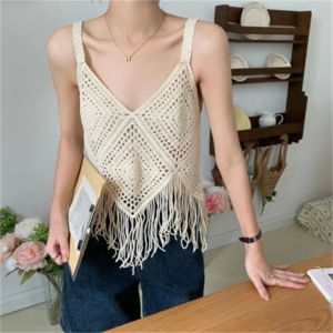 CORE🌟 Fashion Bohemian Style Beach Outfit Hollowed Plain V-neck Knitted Tank Top