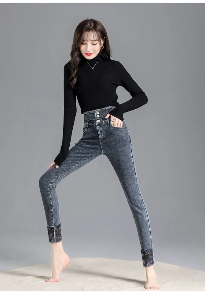 Women High Waist Thermal Jeans Winter Warm Stretchy Fleece Lined