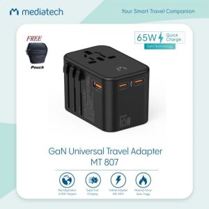 Mediatech GaN Universal Travel Adapter 65W Multifungsi dengan Pengaman Multi-Protokol - Warna Hitam - 630005AB