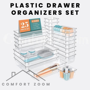 25 PCS Clear Plastic Drawer Organizers Set / 4-Size Versatile Bathroom and Vanity Drawer Organizer Trays