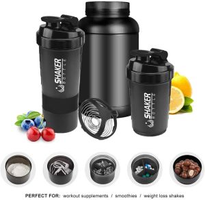 3 in 1 Protein Shaker BottleSports Water Bottle Portable Gym Shaker Leak Proof Shake Bottle Pre and Post Workouts for Protein Mixer - Non Slip 3 Layer Twist off 3oz Cups with Pill Tray - Protein Powder 16 oz Shake Cup with Storage