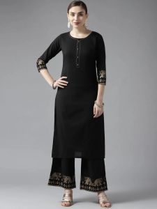 Punjabi Suit Indian Ladies Traditional Clothing 2-pcs Set Cotton Tops Pants Black Pakistani Clothes for Women
