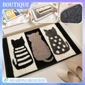 QUIVLOX Bathroom Floor Mat Plush Cartoon Cat Print Water-absorbent Non-slip Faux Cashmere Door Mat